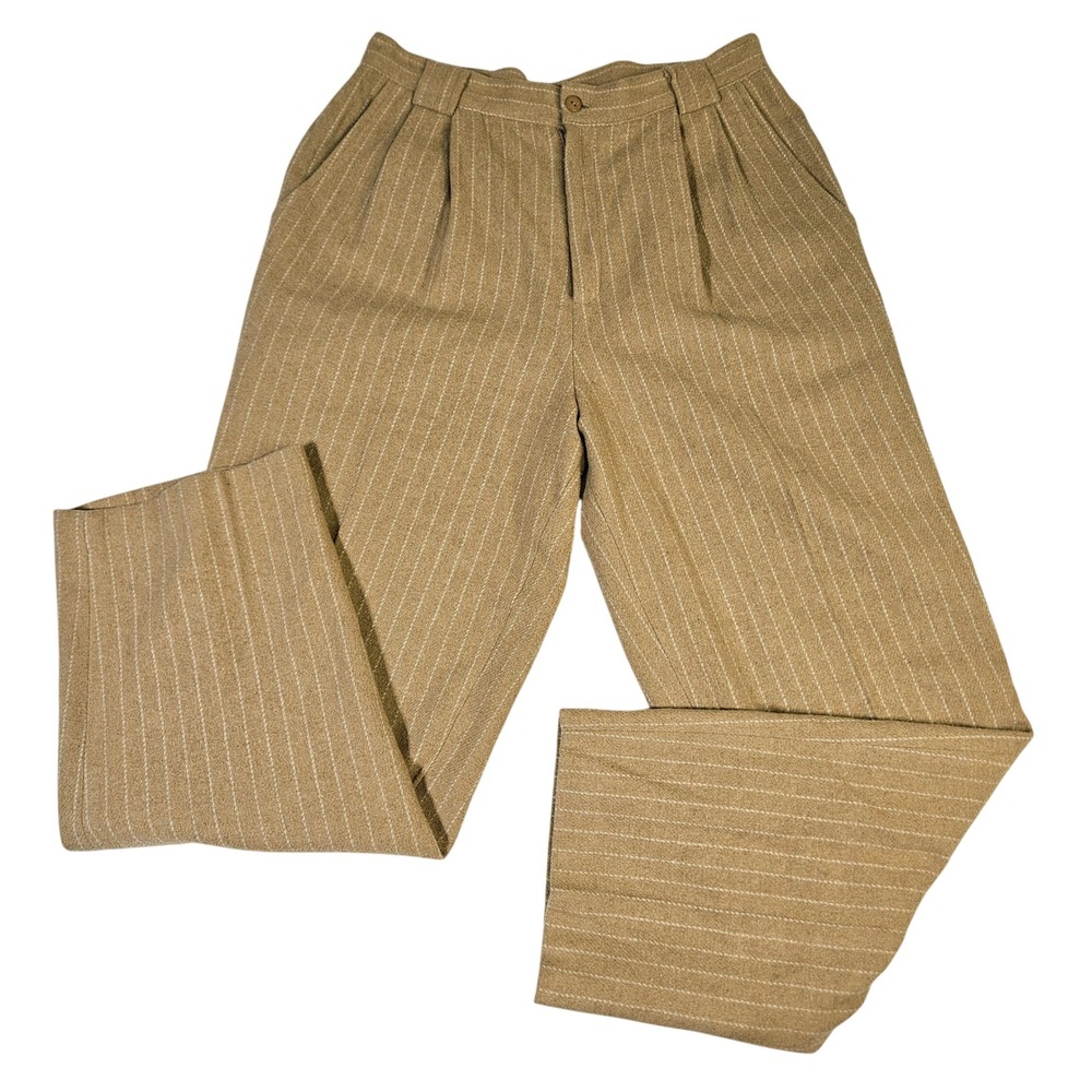 Vintage Tan Pinstripe Wool Blend Pleated Trousers 14 Academia Preppy Lined Pants